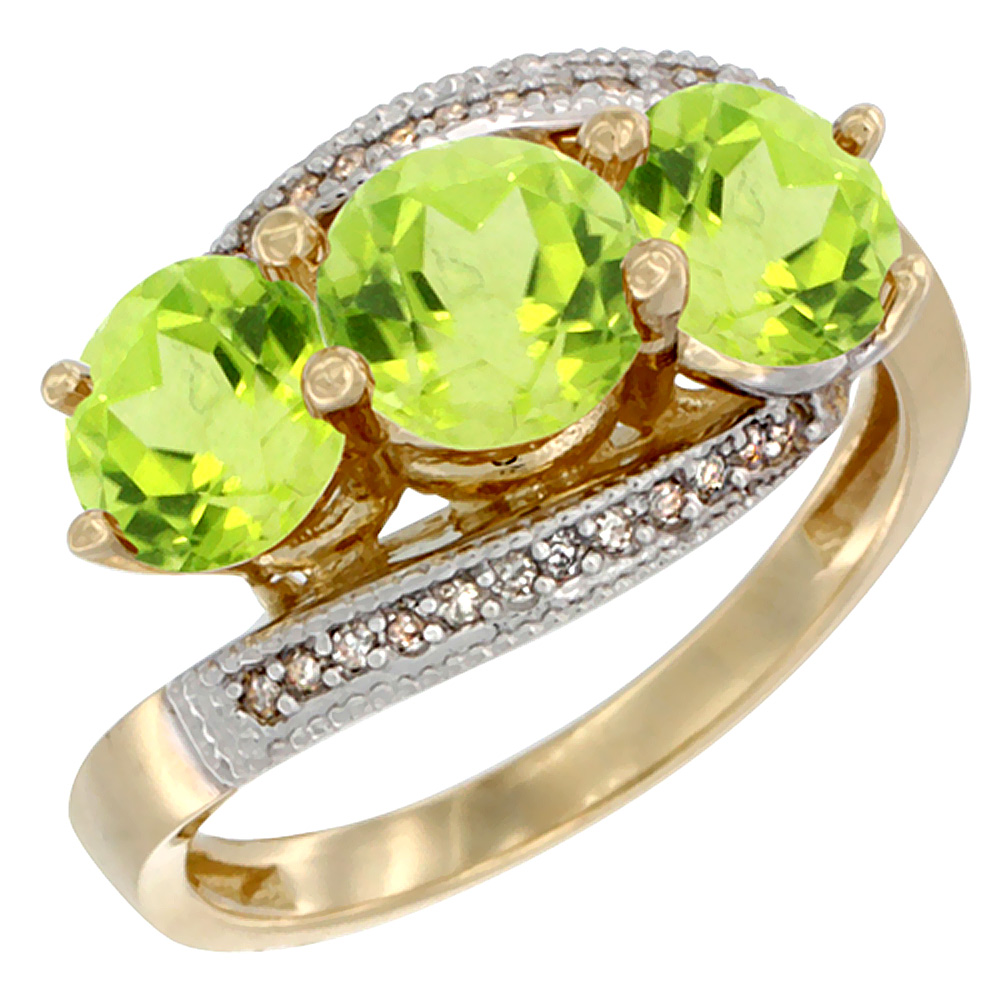 14K Yellow Gold Natural Peridot 3 stone Ring Round 6mm Diamond Accent, sizes 5 - 10