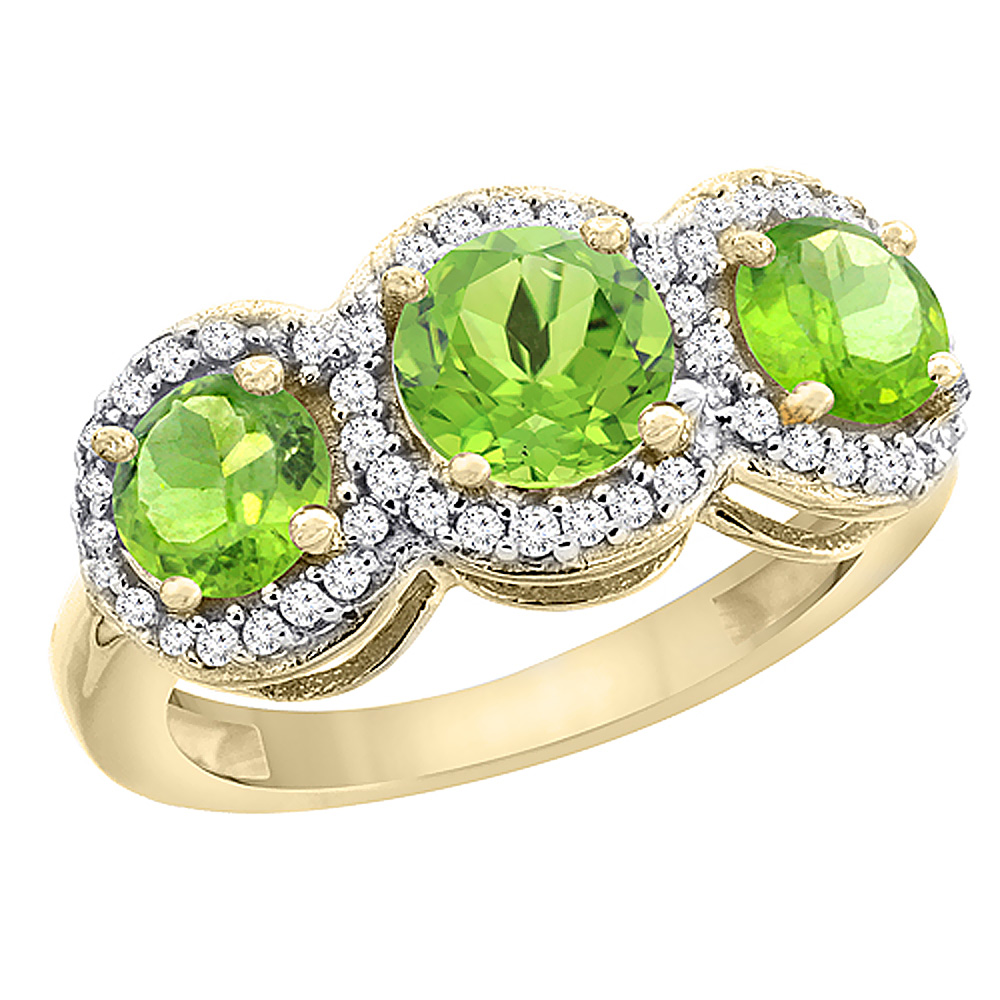 14K Yellow Gold Natural Peridot Round 3-stone Ring Diamond Accents, sizes 5 - 10