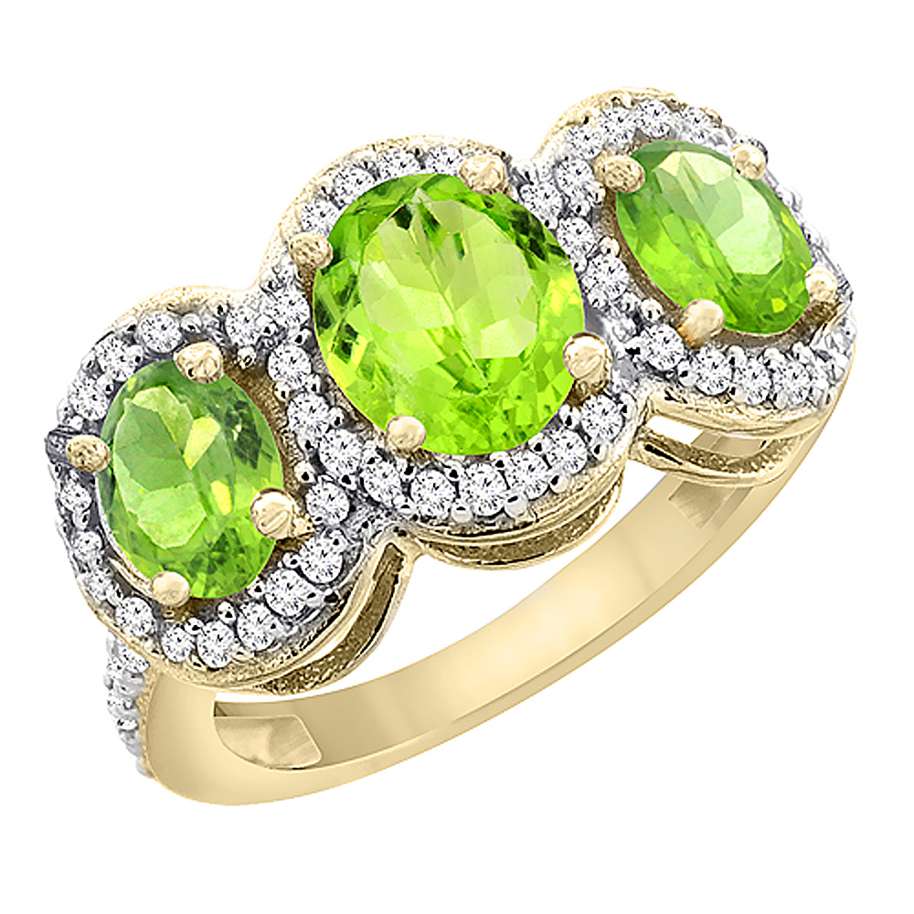 14K Yellow Gold Natural Peridot 3-Stone Ring Oval Diamond Accent, sizes 5 - 10