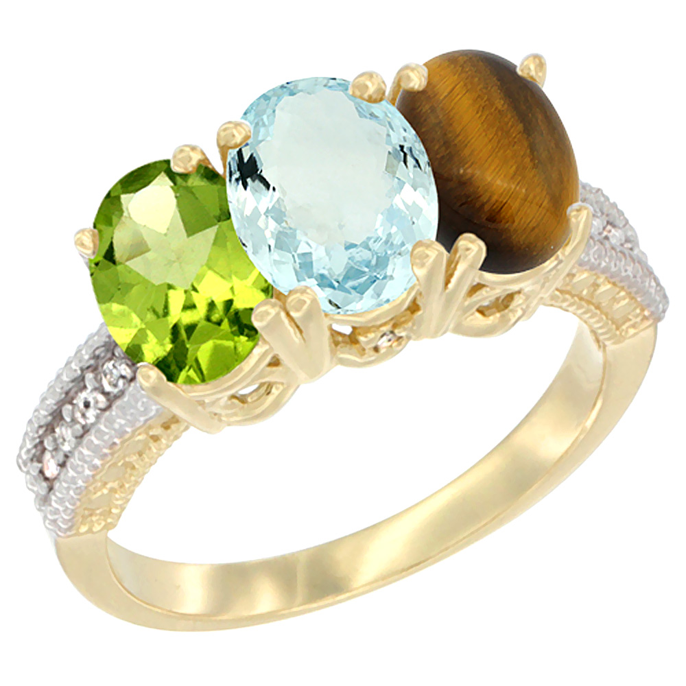 14K Yellow Gold Natural Peridot, Aquamarine &amp; Tiger Eye Ring 3-Stone 7x5 mm Oval Diamond Accent, sizes 5 - 10