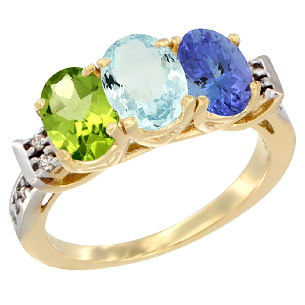 14K Yellow Gold Natural Peridot, Aquamarine &amp; Tanzanite Ring 3-Stone Oval 7x5 mm Diamond Accent, sizes 5 - 10