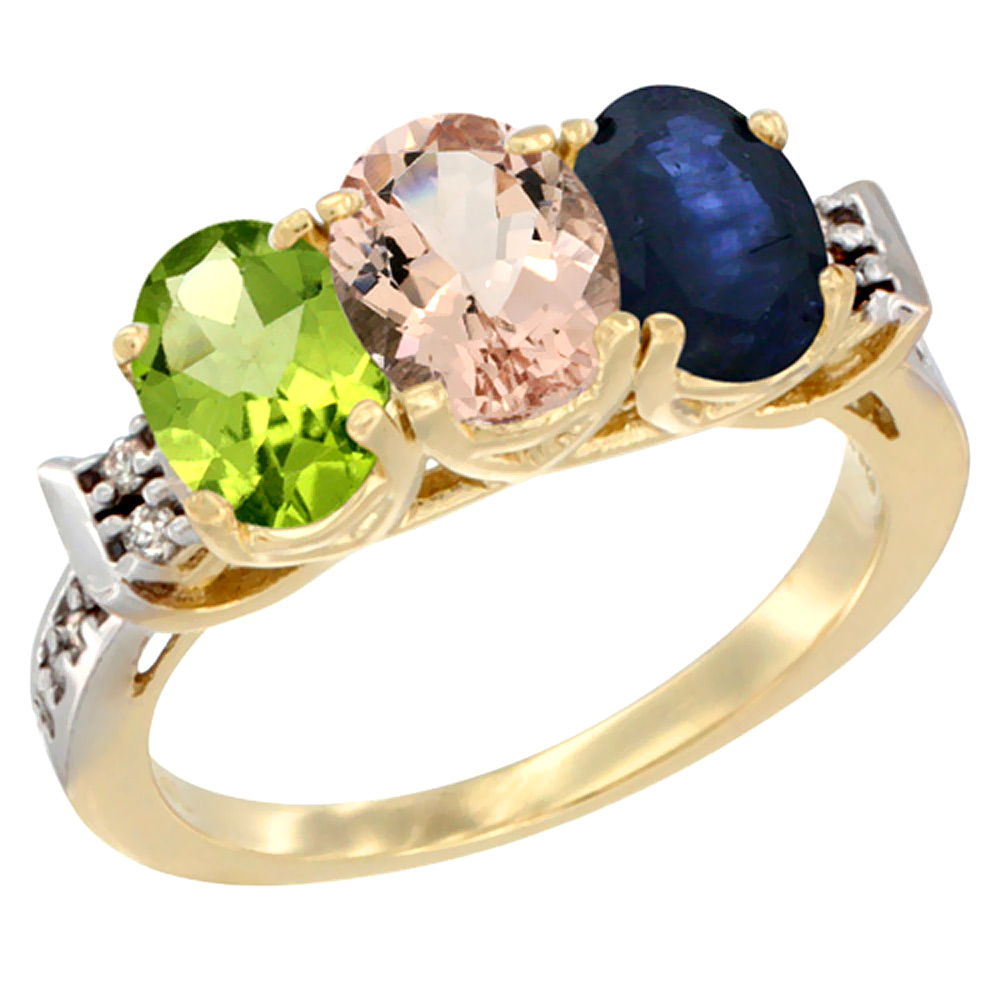 14K Yellow Gold Natural Peridot, Morganite & Blue Sapphire Ring 3-Stone Oval 7x5 mm Diamond Accent, sizes 5 - 10