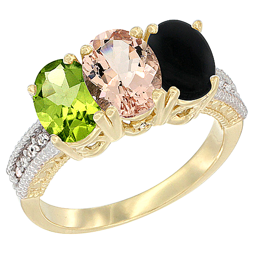 14K Yellow Gold Natural Peridot, Morganite &amp; Black Onyx Ring 3-Stone Oval 7x5 mm Diamond Accent, sizes 5 - 10