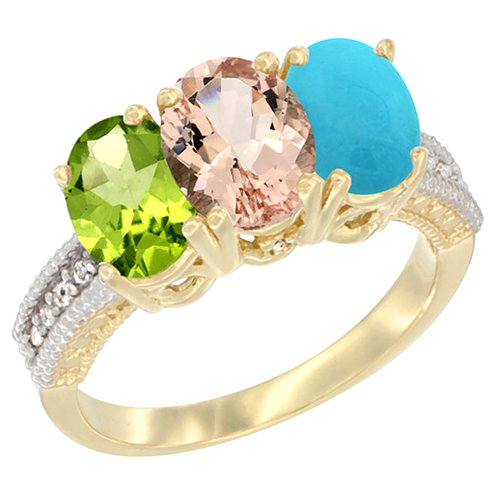 14K Yellow Gold Natural Peridot, Morganite &amp; Turquoise Ring 3-Stone Oval 7x5 mm Diamond Accent, sizes 5 - 10