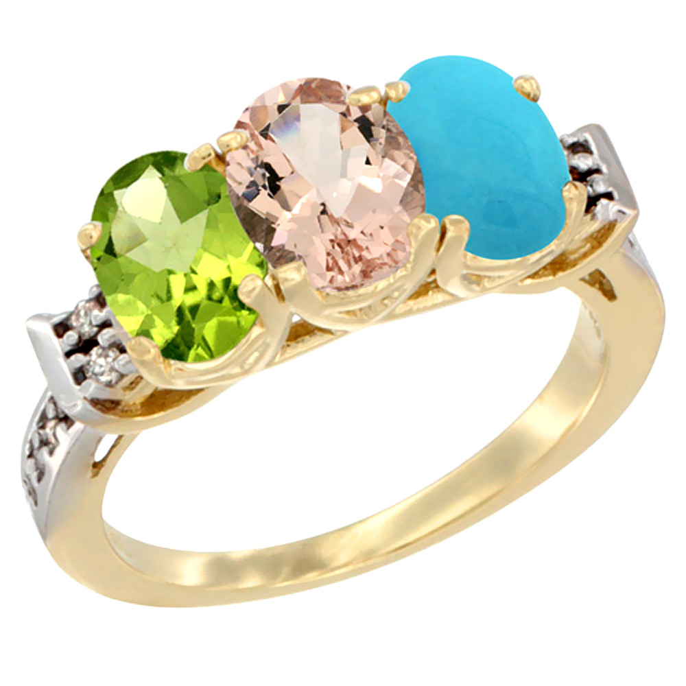 14K Yellow Gold Natural Peridot, Morganite & Turquoise Ring 3-Stone Oval 7x5 mm Diamond Accent, sizes 5 - 10