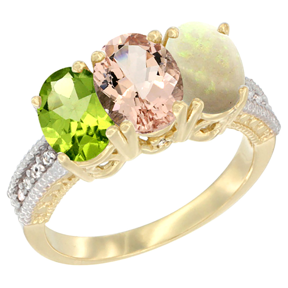 14K Yellow Gold Natural Peridot, Morganite &amp; Opal Ring 3-Stone Oval 7x5 mm Diamond Accent, sizes 5 - 10