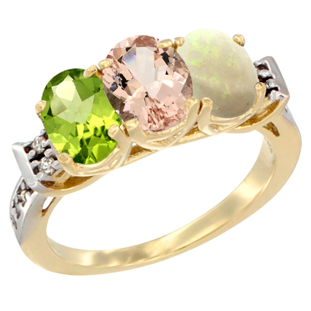 14K Yellow Gold Natural Peridot, Morganite & Opal Ring 3-Stone Oval 7x5 mm Diamond Accent, sizes 5 - 10