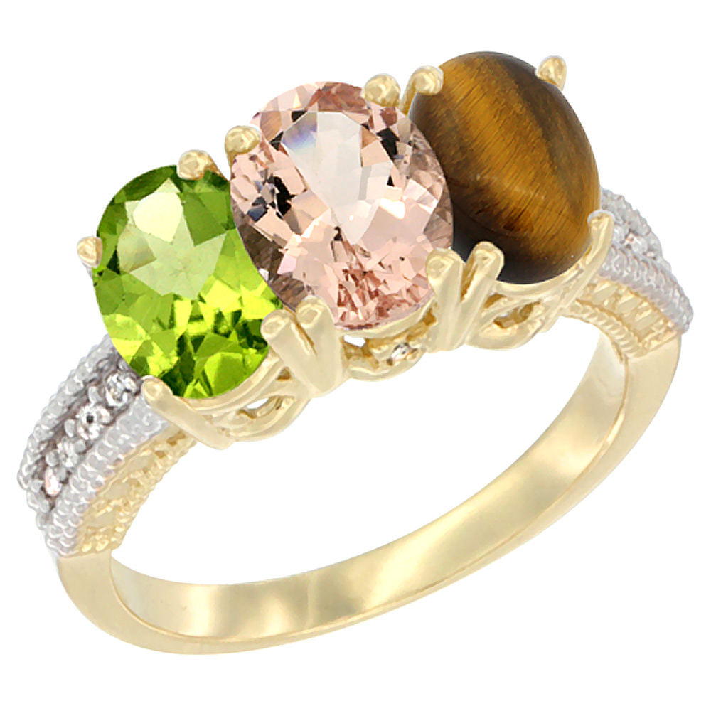 14K Yellow Gold Natural Peridot, Morganite &amp; Tiger Eye Ring 3-Stone Oval 7x5 mm Diamond Accent, sizes 5 - 10