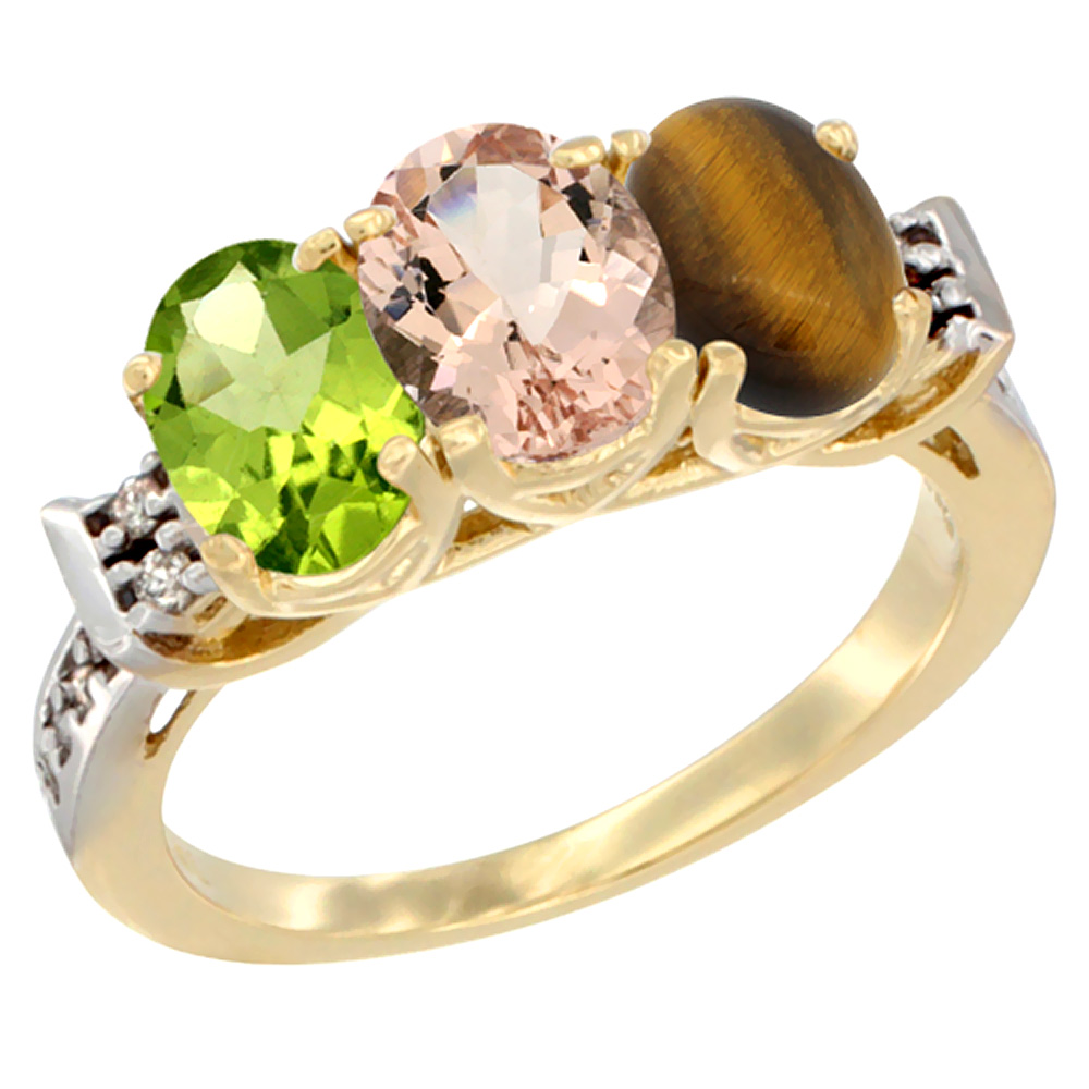 14K Yellow Gold Natural Peridot, Morganite &amp; Tiger Eye Ring 3-Stone Oval 7x5 mm Diamond Accent, sizes 5 - 10