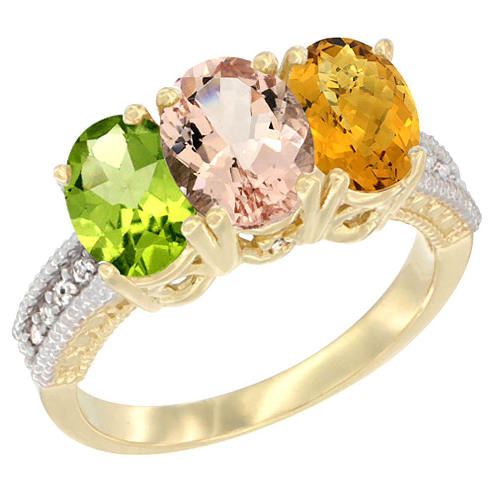 14K Yellow Gold Natural Peridot, Morganite & Whisky Quartz Ring 3-Stone Oval 7x5 mm Diamond Accent, sizes 5 - 10