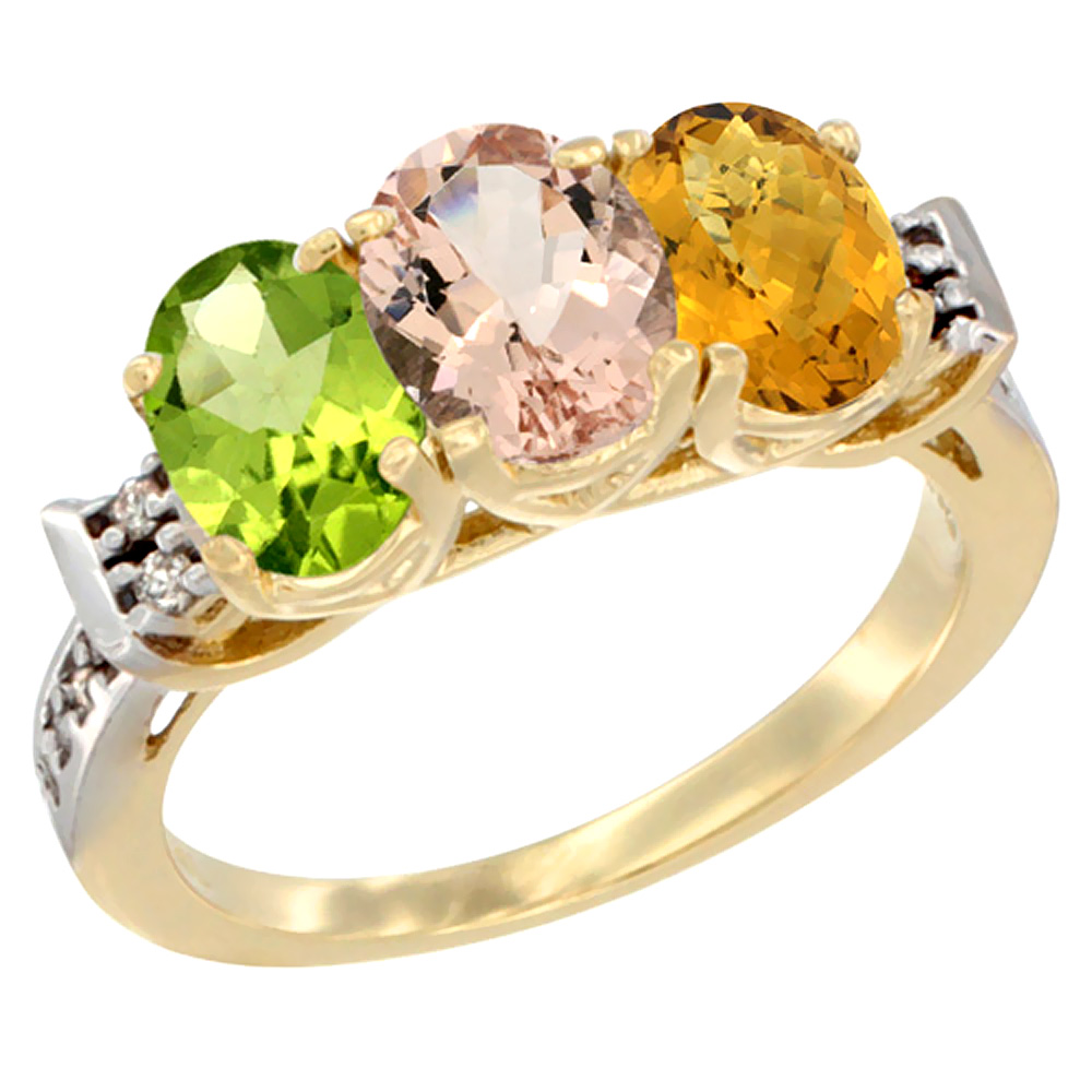 14K Yellow Gold Natural Peridot, Morganite &amp; Whisky Quartz Ring 3-Stone Oval 7x5 mm Diamond Accent, sizes 5 - 10