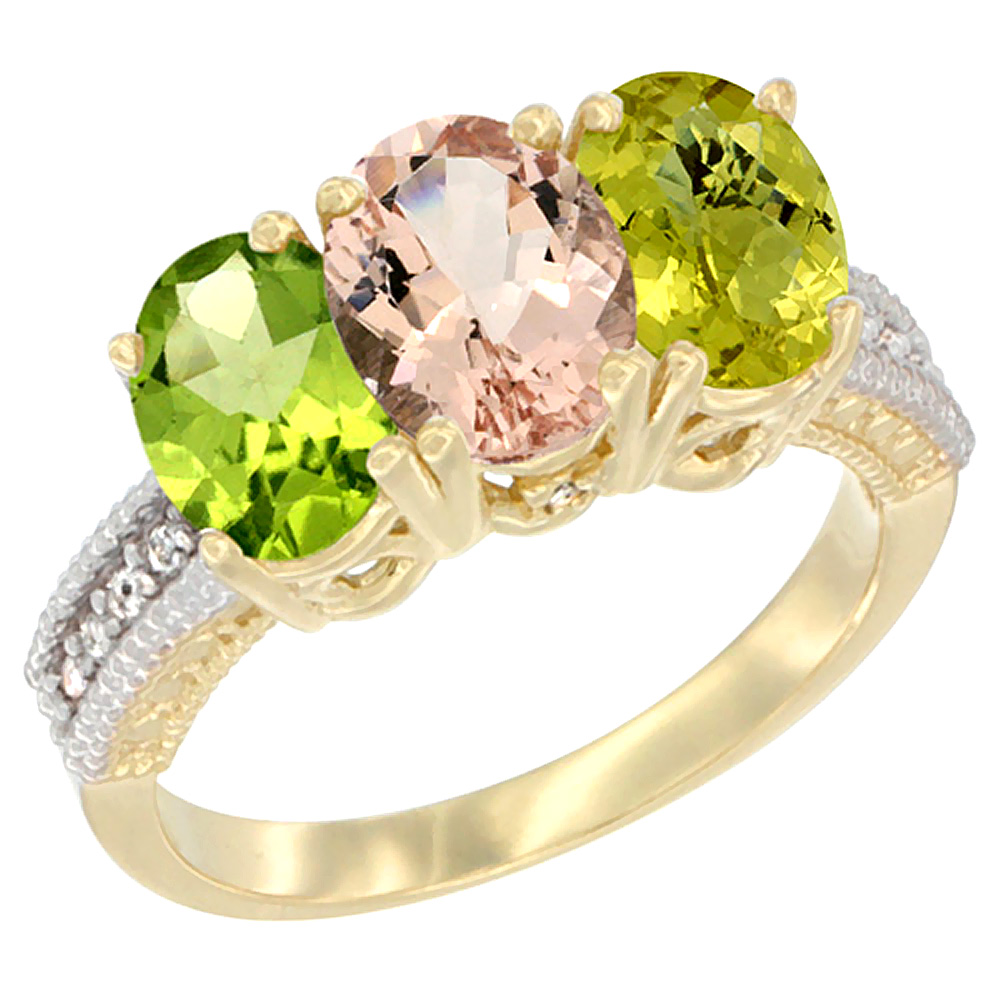 14K Yellow Gold Natural Peridot, Morganite & Lemon Quartz Ring 3-Stone Oval 7x5 mm Diamond Accent, sizes 5 - 10