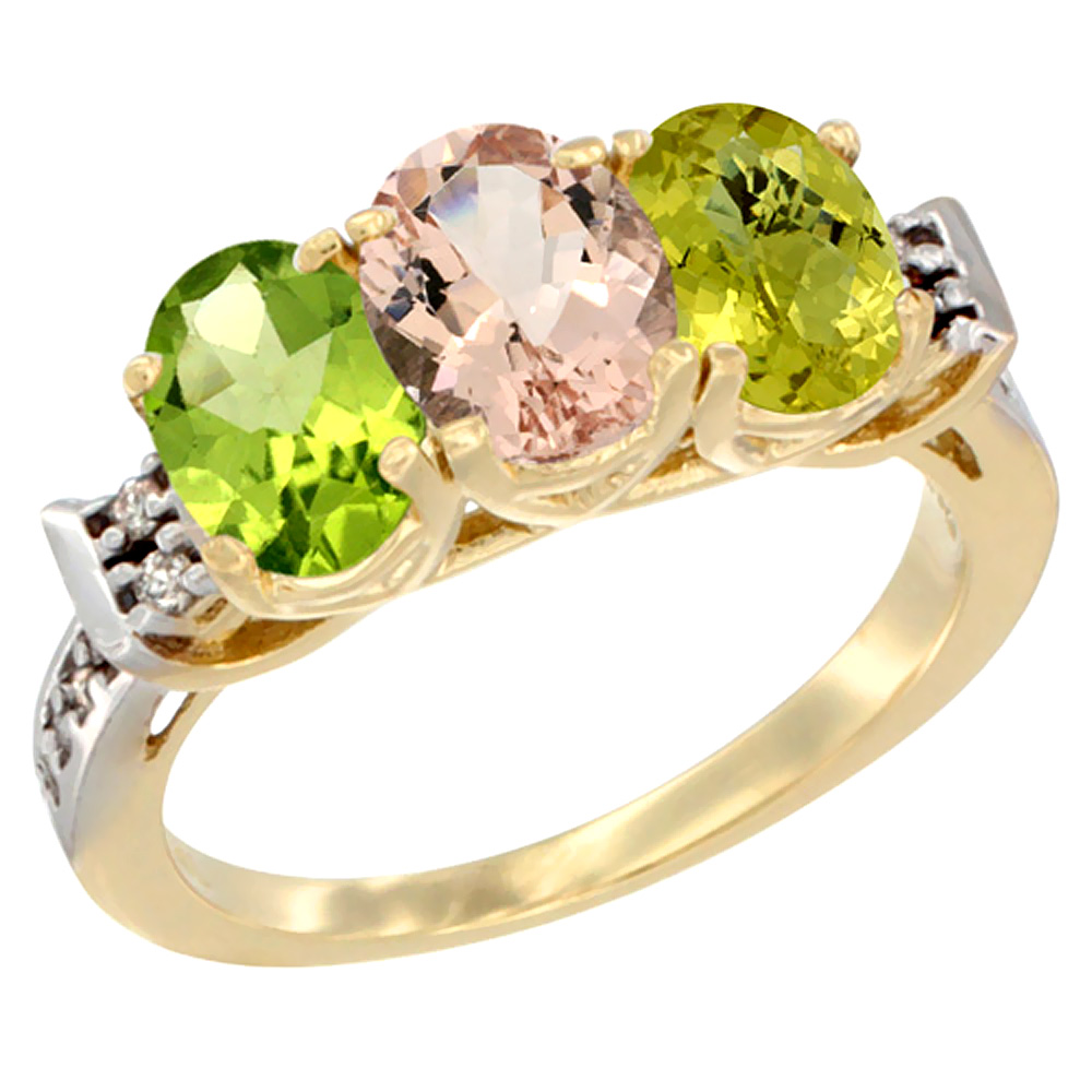 14K Yellow Gold Natural Peridot, Morganite &amp; Lemon Quartz Ring 3-Stone Oval 7x5 mm Diamond Accent, sizes 5 - 10