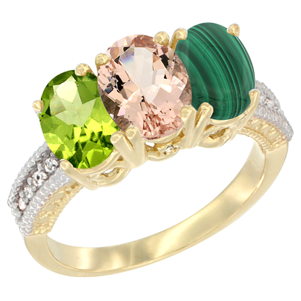 14K Yellow Gold Natural Peridot, Morganite & Malachite Ring 3-Stone Oval 7x5 mm Diamond Accent, sizes 5 - 10