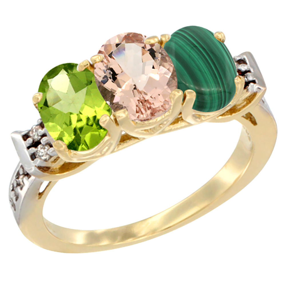 14K Yellow Gold Natural Peridot, Morganite &amp; Malachite Ring 3-Stone Oval 7x5 mm Diamond Accent, sizes 5 - 10