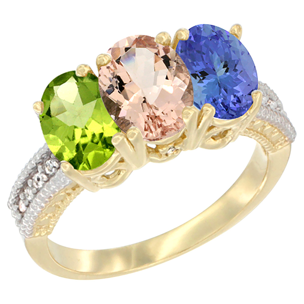 14K Yellow Gold Natural Peridot, Morganite &amp; Tanzanite Ring 3-Stone Oval 7x5 mm Diamond Accent, sizes 5 - 10