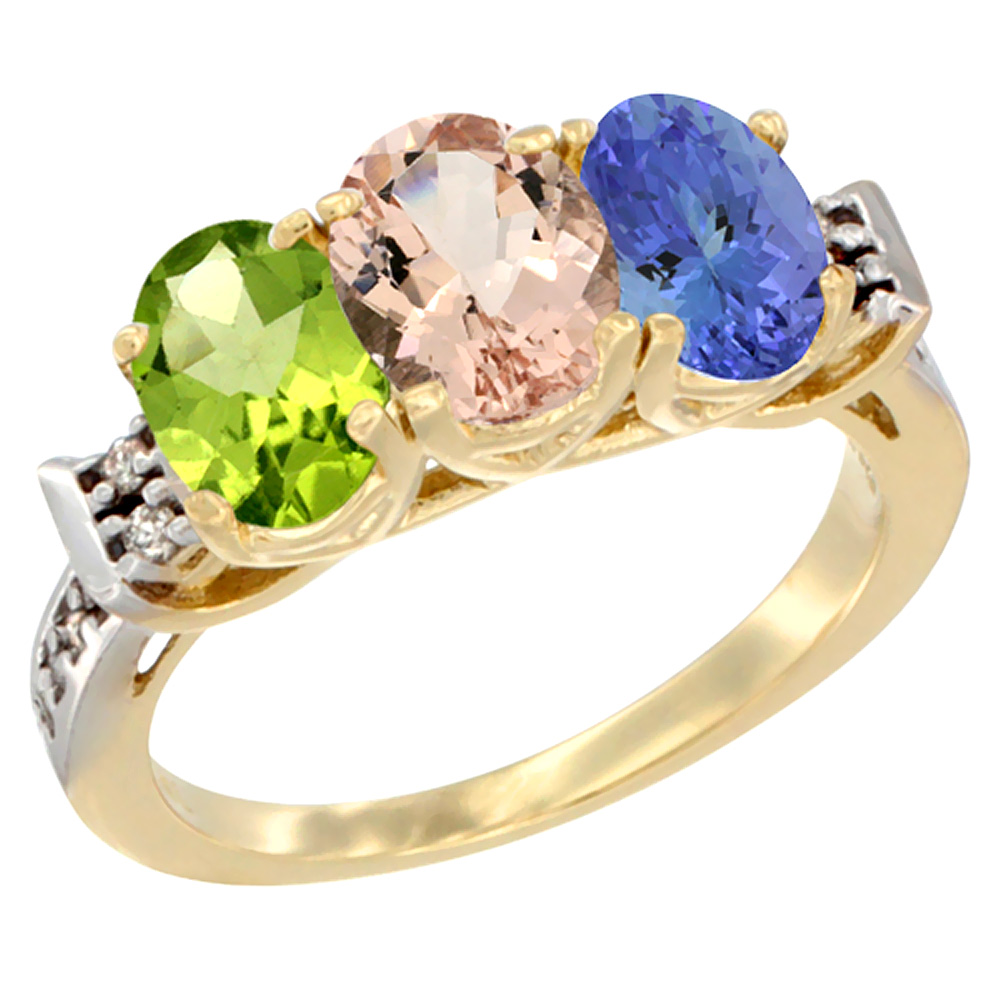 14K Yellow Gold Natural Peridot, Morganite &amp; Tanzanite Ring 3-Stone Oval 7x5 mm Diamond Accent, sizes 5 - 10