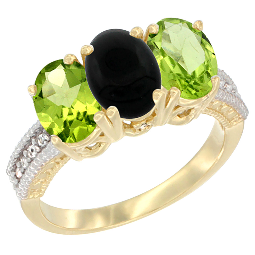 14K Yellow Gold Natural Black Onyx & Peridot Sides Ring 3-Stone Oval 7x5 mm Diamond Accent, sizes 5 - 10