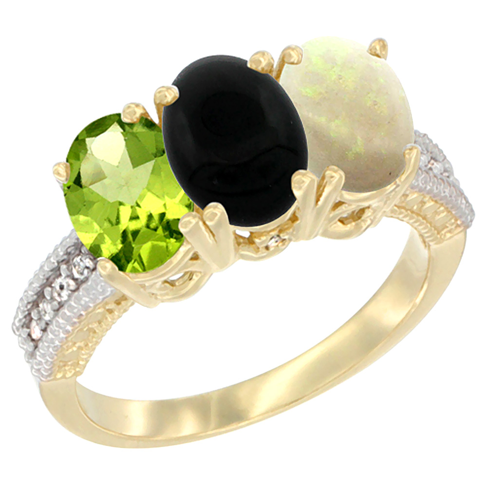 14K Yellow Gold Natural Peridot, Black Onyx &amp; Opal Ring 3-Stone Oval 7x5 mm Diamond Accent, sizes 5 - 10