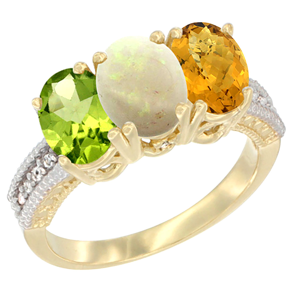 14K Yellow Gold Natural Peridot, Opal &amp; Whisky Quartz Ring 3-Stone Oval 7x5 mm Diamond Accent, sizes 5 - 10