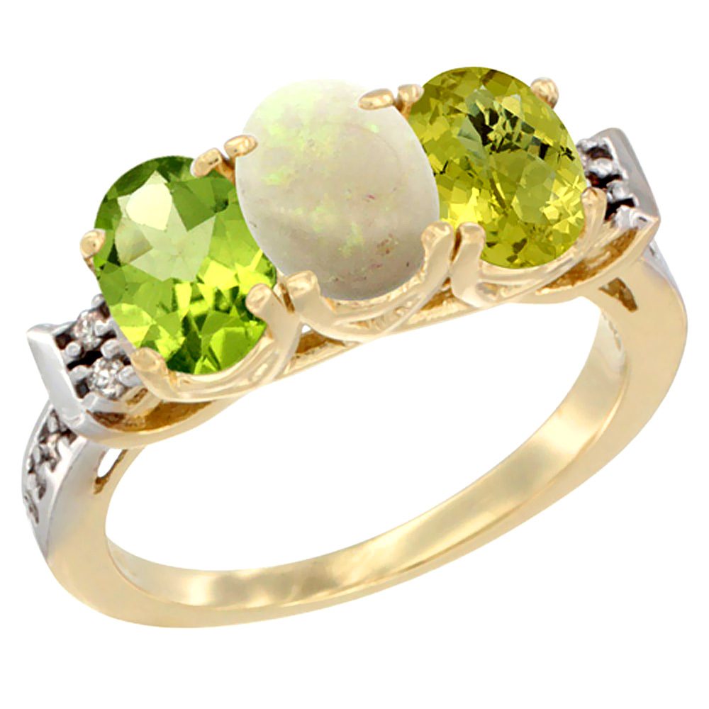 14K Yellow Gold Natural Peridot, Opal &amp; Lemon Quartz Ring 3-Stone Oval 7x5 mm Diamond Accent, sizes 5 - 10