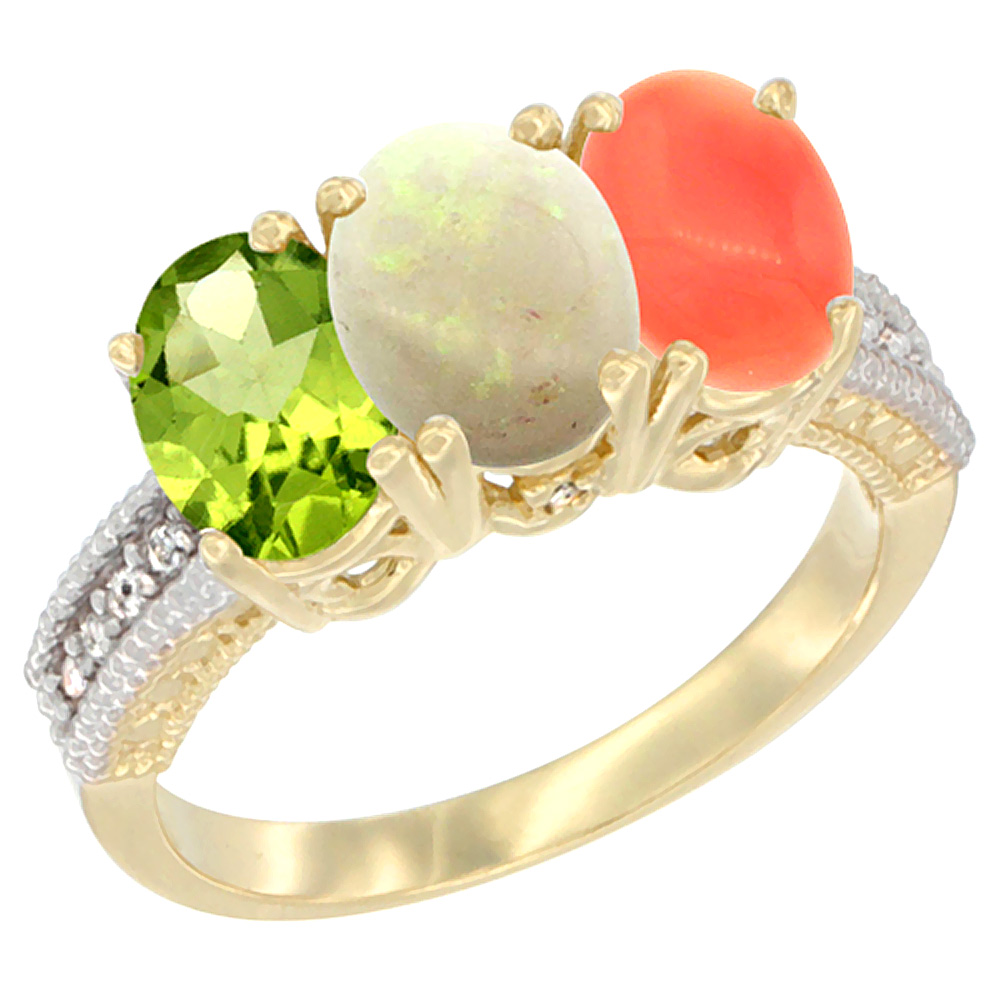 14K Yellow Gold Natural Peridot, Opal &amp; Coral Ring 3-Stone Oval 7x5 mm Diamond Accent, sizes 5 - 10