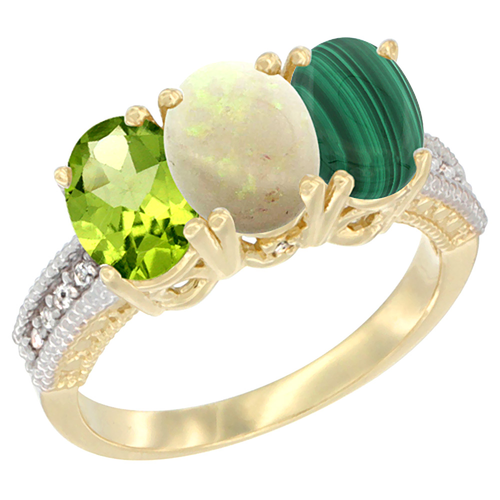 14K Yellow Gold Natural Peridot, Opal & Malachite Ring 3-Stone Oval 7x5 mm Diamond Accent, sizes 5 - 10