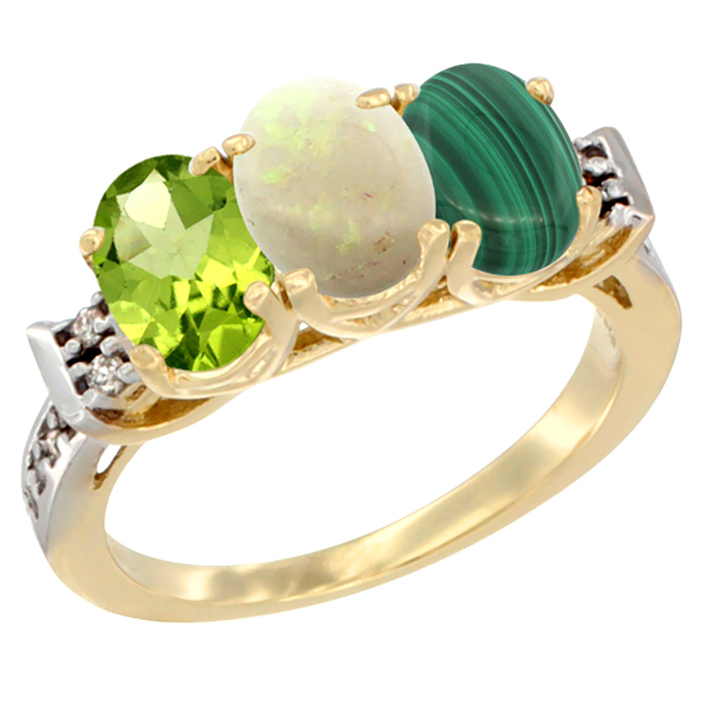 14K Yellow Gold Natural Peridot, Opal &amp; Malachite Ring 3-Stone Oval 7x5 mm Diamond Accent, sizes 5 - 10