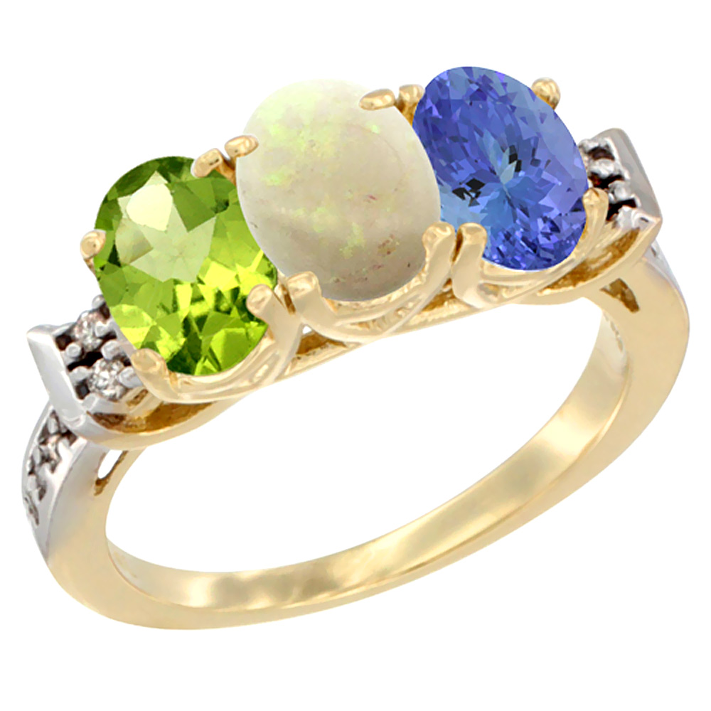 14K Yellow Gold Natural Peridot, Opal & Tanzanite Ring 3-Stone Oval 7x5 mm Diamond Accent, sizes 5 - 10