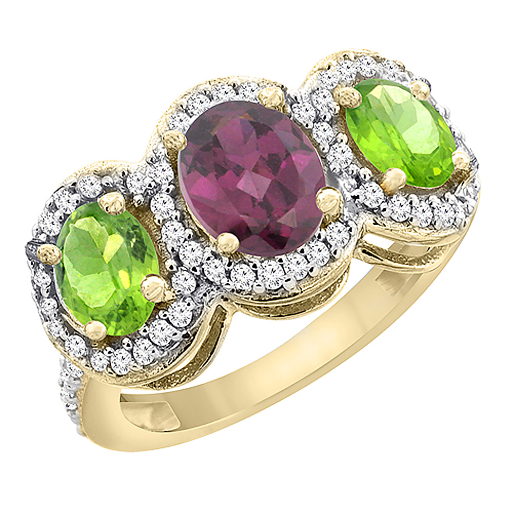 14K Yellow Gold Natural Rhodolite &amp; Peridot 3-Stone Ring Oval Diamond Accent, sizes 5 - 10