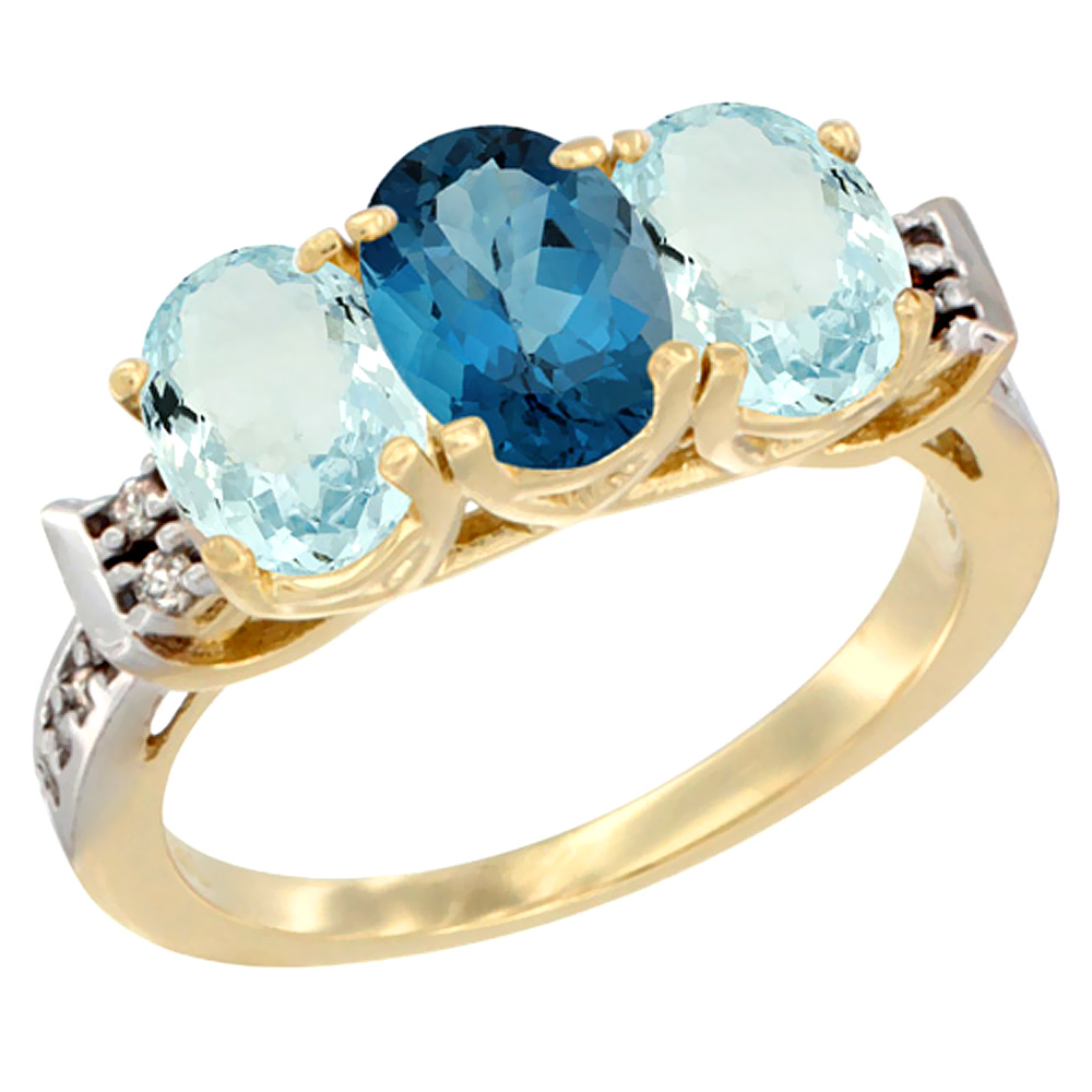 14K Yellow Gold Natural London Blue Topaz &amp; Aquamarine Sides Ring 3-Stone Oval 7x5 mm Diamond Accent, sizes 5 - 10