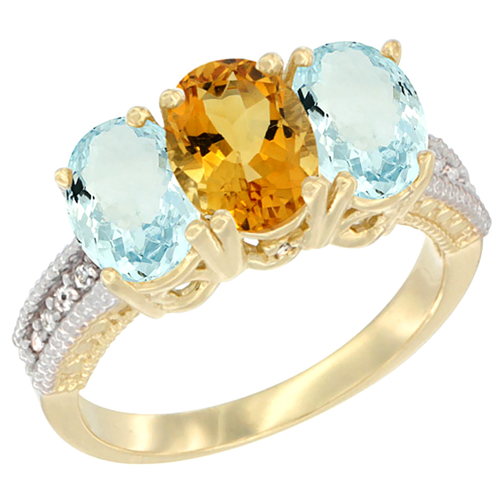 14K Yellow Gold Natural Citrine &amp; Aquamarine Sides Ring 3-Stone Oval 7x5 mm Diamond Accent, sizes 5 - 10