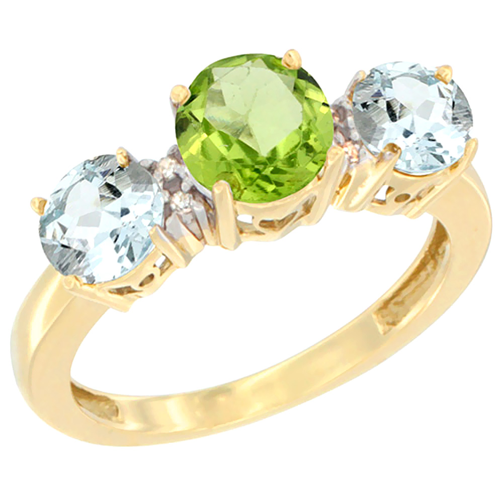 14K Yellow Gold Round 3-Stone Natural Peridot Ring &amp; Aquamarine Sides Diamond Accent, sizes 5 - 10