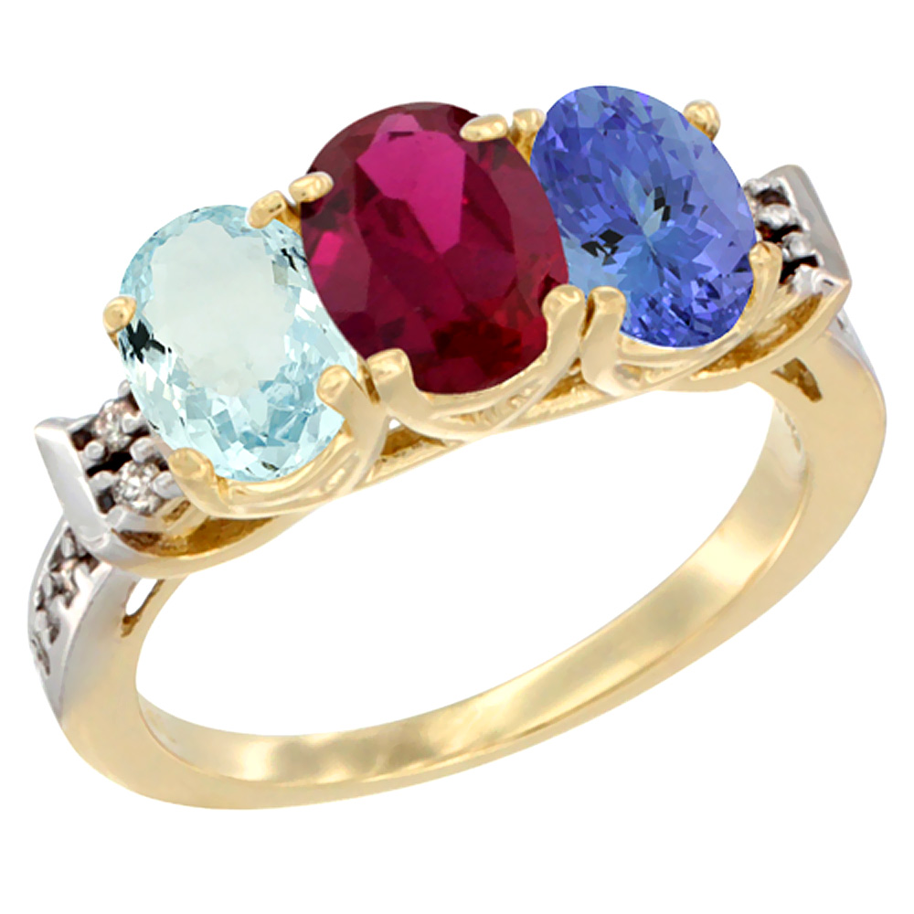 10K Yellow Gold Natural Aquamarine, Enhanced Ruby & Natural Tanzanite Ring 3-Stone Oval 7x5 mm Diamond Accent, sizes 5 - 10