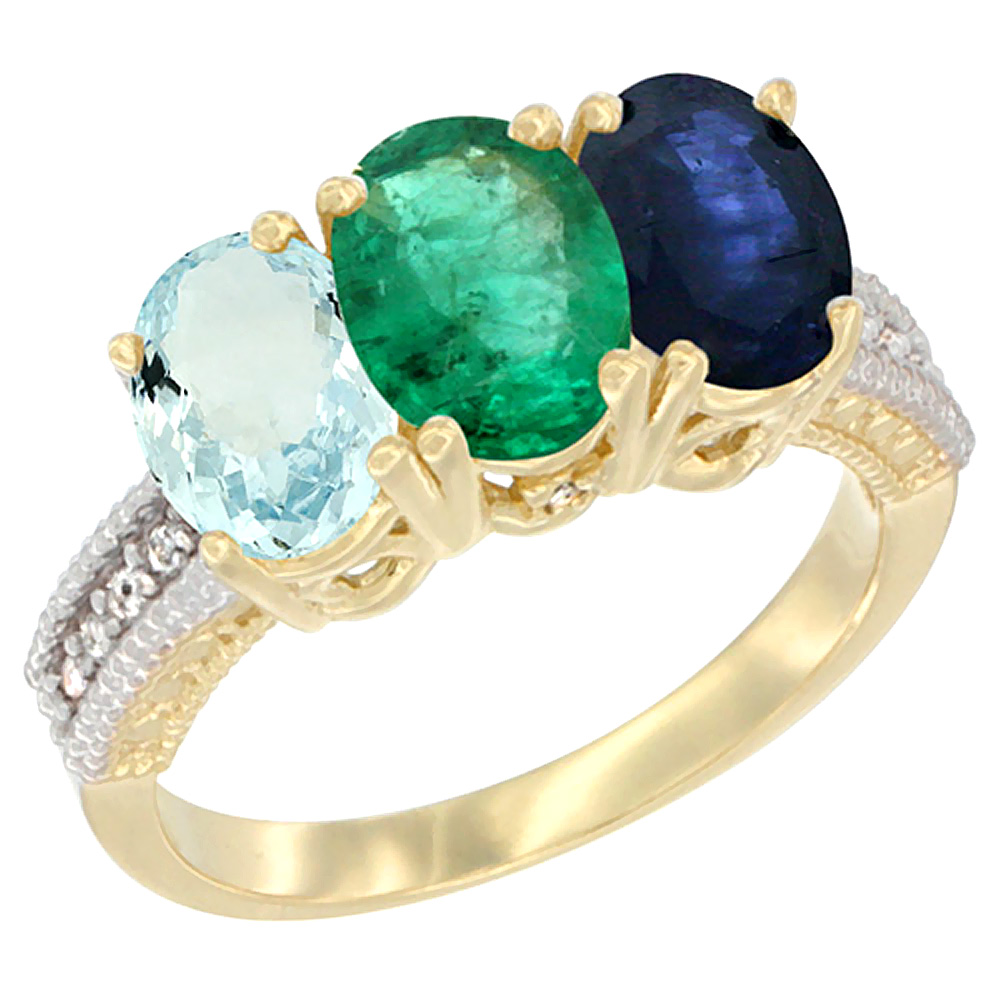 14K Yellow Gold Natural Aquamarine, Emerald & Blue Sapphire Ring 3-Stone Oval 7x5 mm Diamond Accent, sizes 5 - 10