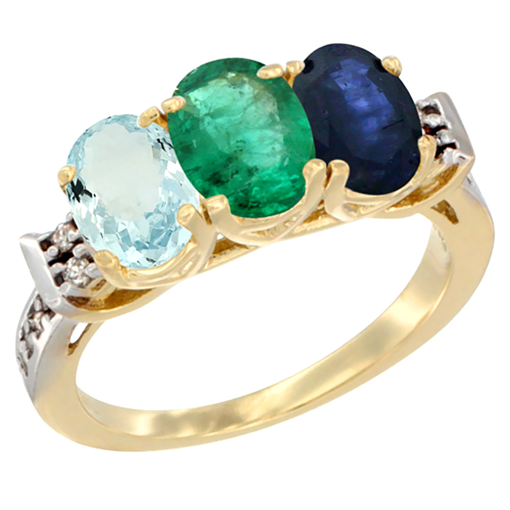 14K Yellow Gold Natural Aquamarine, Emerald &amp; Blue Sapphire Ring 3-Stone Oval 7x5 mm Diamond Accent, sizes 5 - 10