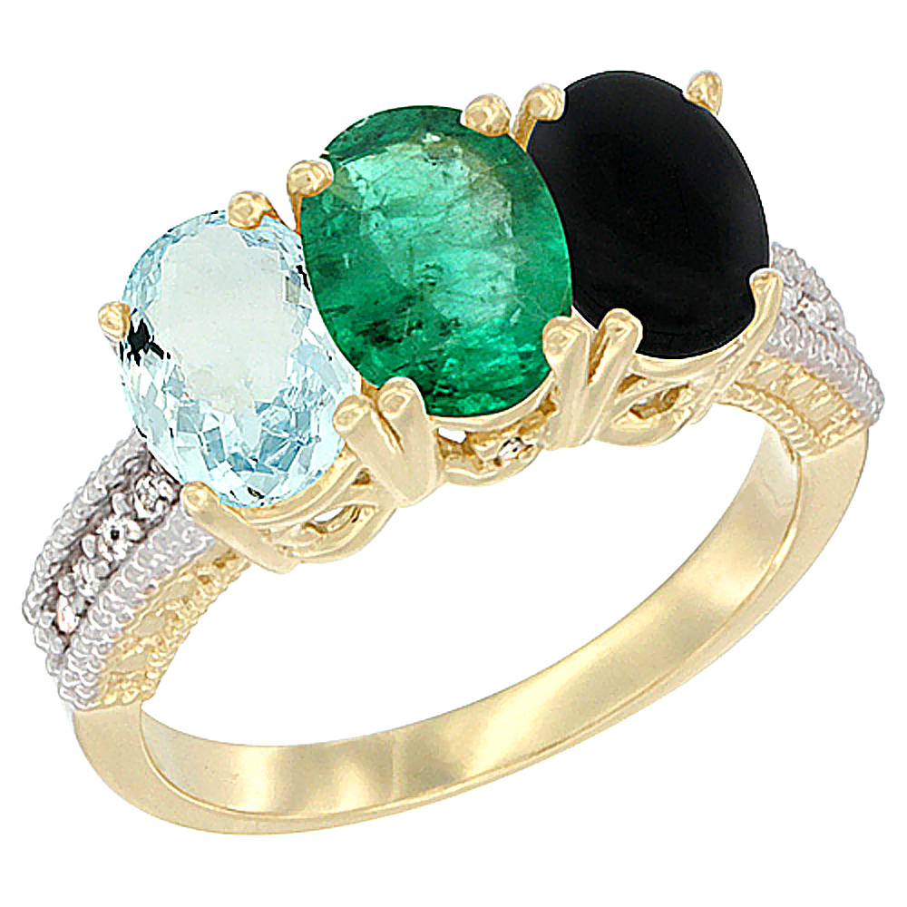 14K Yellow Gold Natural Aquamarine, Emerald & Black Onyx Ring 3-Stone Oval 7x5 mm Diamond Accent, sizes 5 - 10