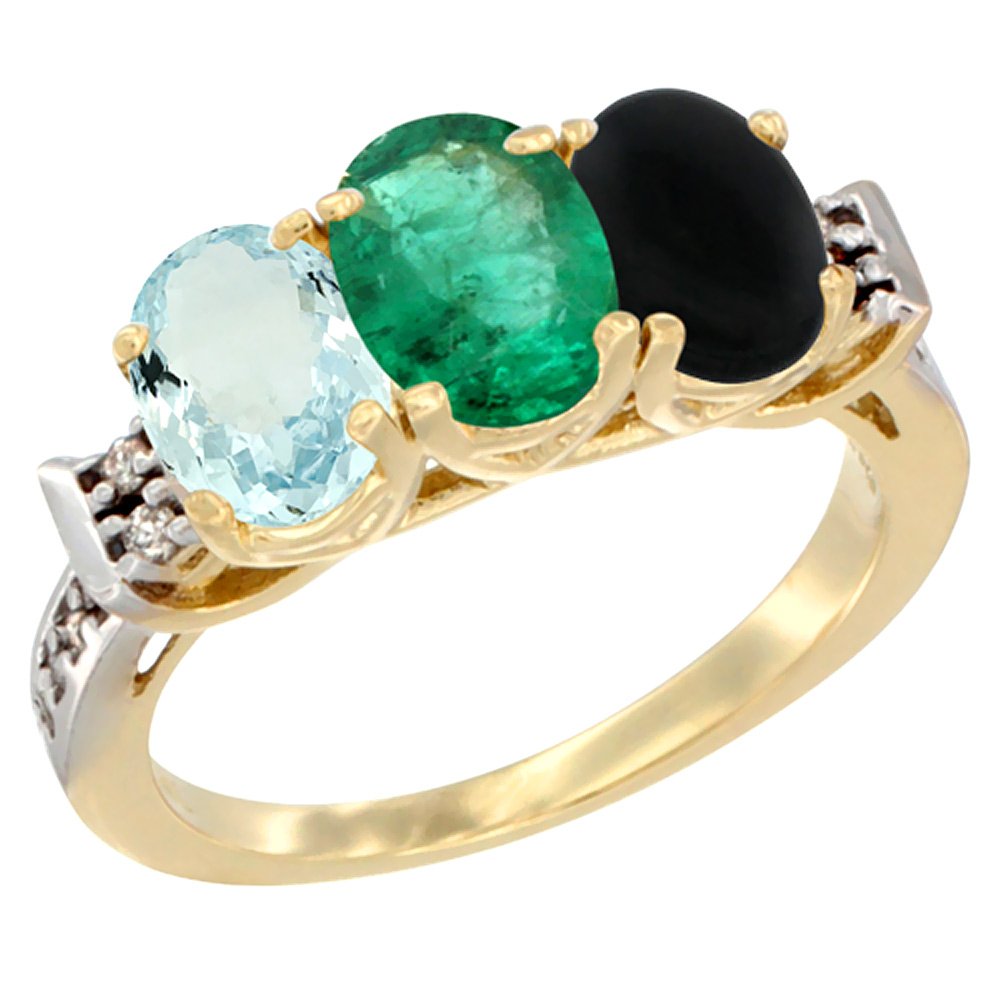 14K Yellow Gold Natural Aquamarine, Emerald &amp; Black Onyx Ring 3-Stone Oval 7x5 mm Diamond Accent, sizes 5 - 10