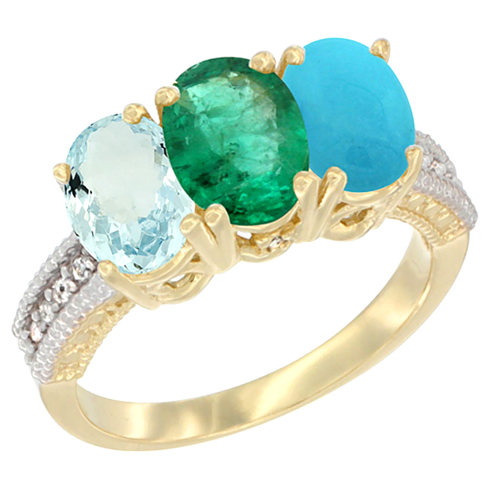 14K Yellow Gold Natural Aquamarine, Emerald &amp; Turquoise Ring 3-Stone Oval 7x5 mm Diamond Accent, sizes 5 - 10