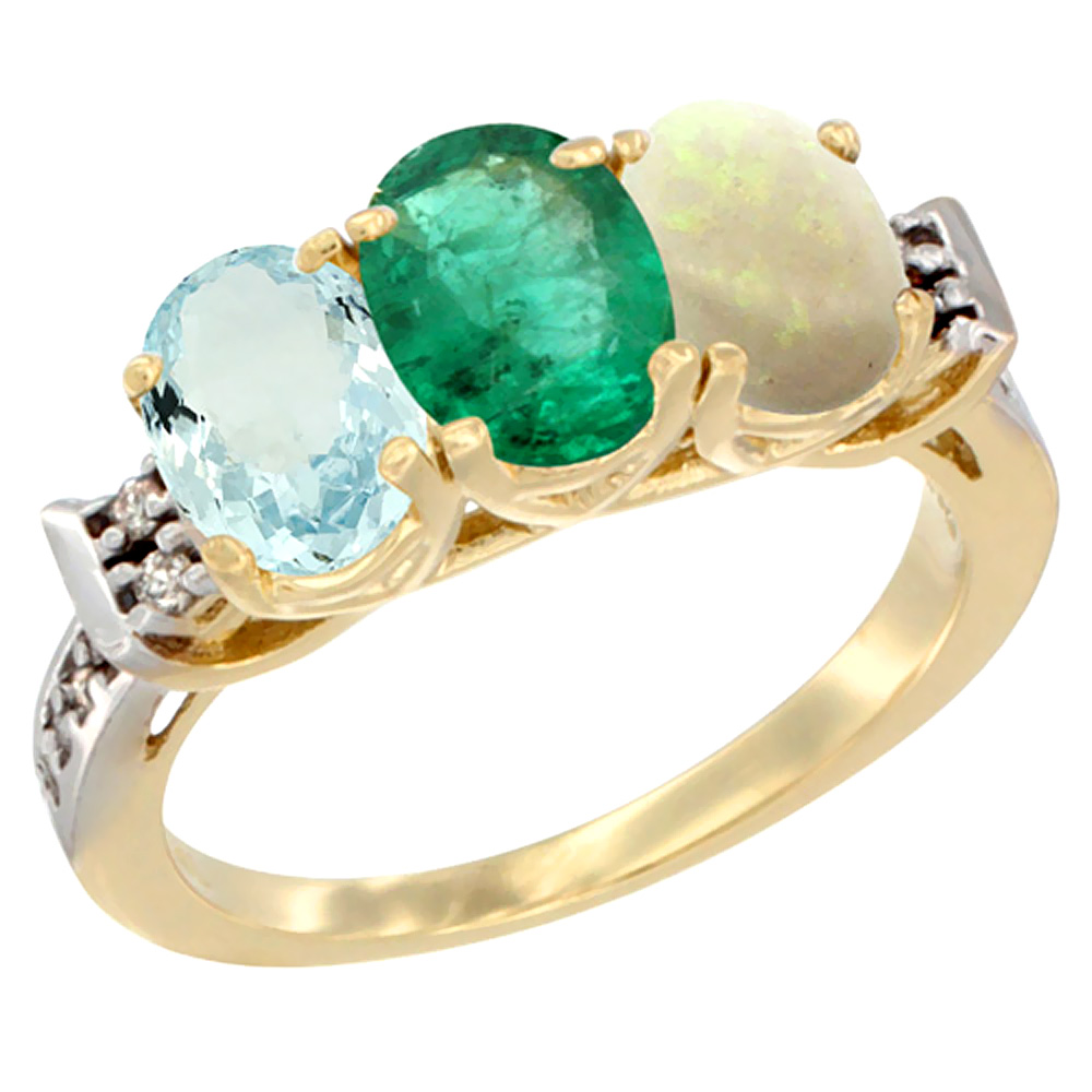 14K Yellow Gold Natural Aquamarine, Emerald &amp; Opal Ring 3-Stone Oval 7x5 mm Diamond Accent, sizes 5 - 10