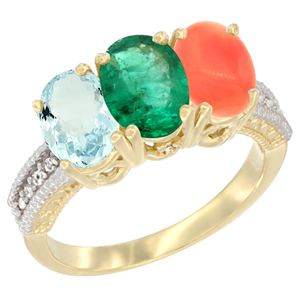 14K Yellow Gold Natural Aquamarine, Emerald & Coral Ring 3-Stone Oval 7x5 mm Diamond Accent, sizes 5 - 10