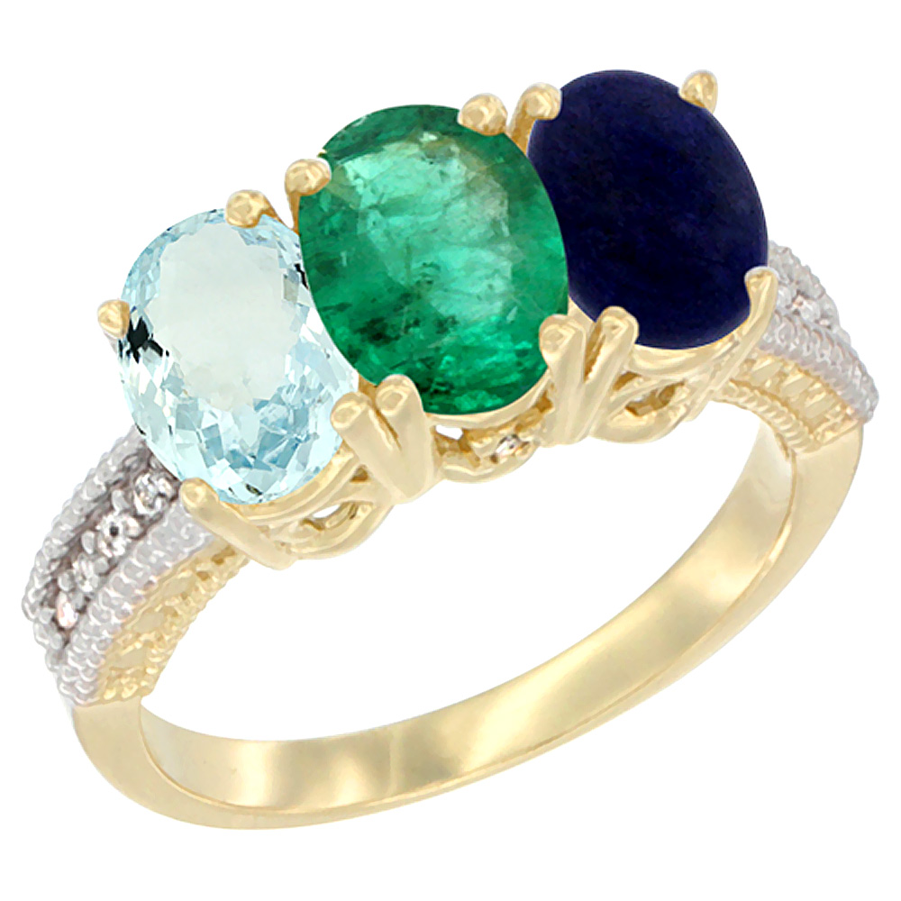 14K Yellow Gold Natural Aquamarine, Emerald &amp; Lapis Ring 3-Stone Oval 7x5 mm Diamond Accent, sizes 5 - 10