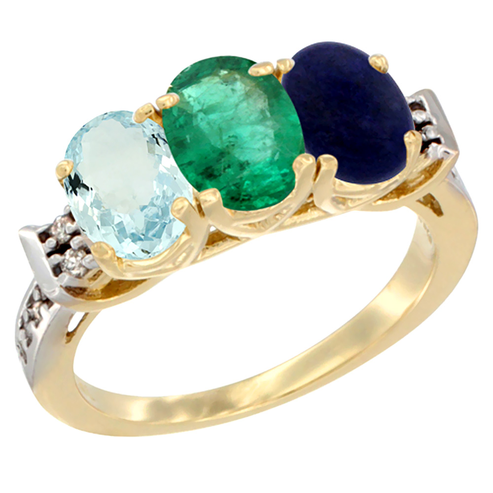 14K Yellow Gold Natural Aquamarine, Emerald & Lapis Ring 3-Stone Oval 7x5 mm Diamond Accent, sizes 5 - 10