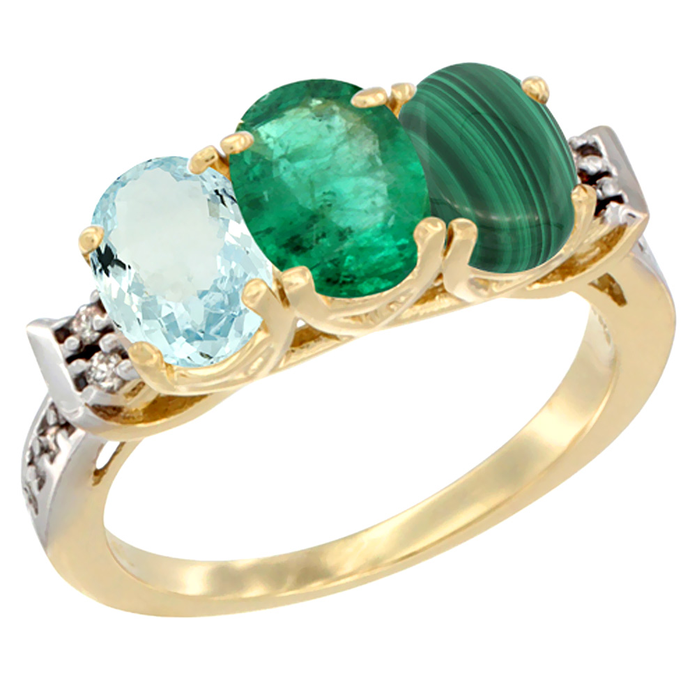 14K Yellow Gold Natural Aquamarine, Emerald & Malachite Ring 3-Stone Oval 7x5 mm Diamond Accent, sizes 5 - 10