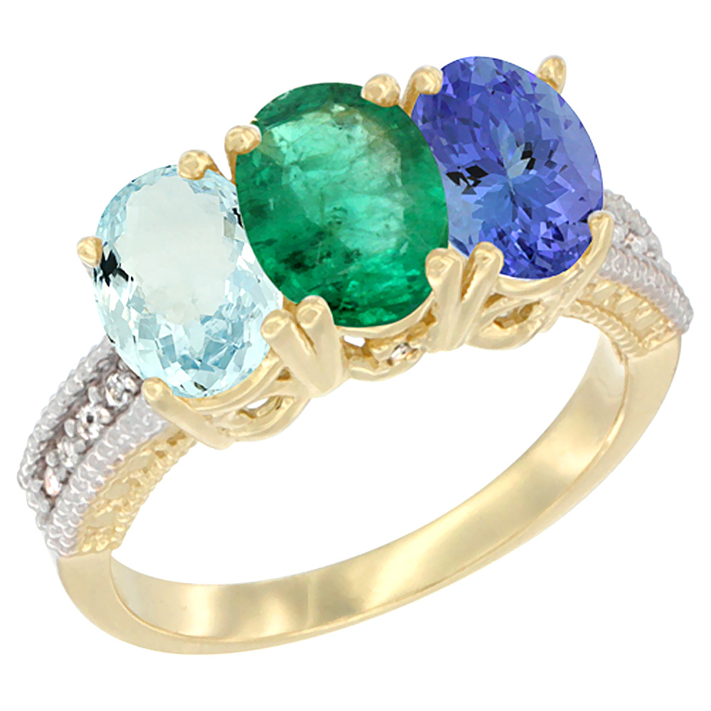 14K Yellow Gold Natural Aquamarine, Emerald & Tanzanite Ring 3-Stone Oval 7x5 mm Diamond Accent, sizes 5 - 10