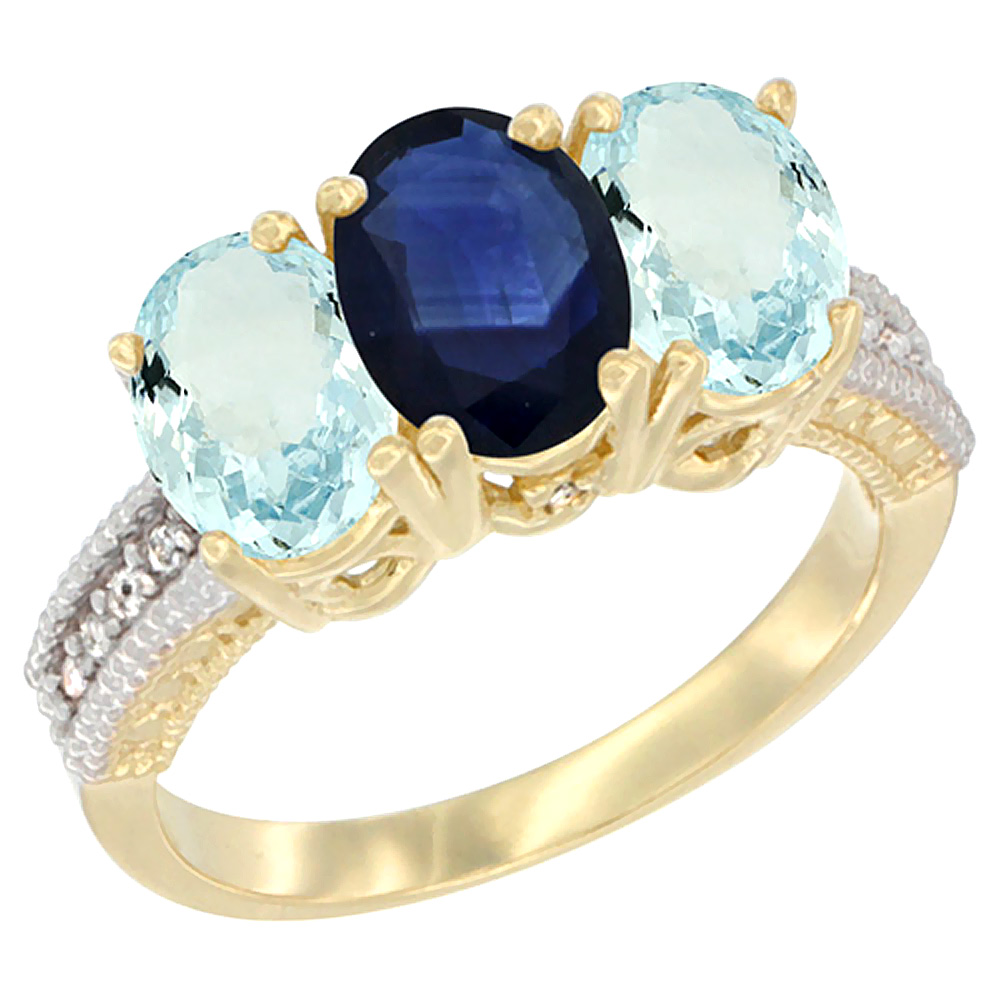 14K Yellow Gold Natural Blue Sapphire & Aquamarine Sides Ring 3-Stone Oval 7x5 mm Diamond Accent, sizes 5 - 10