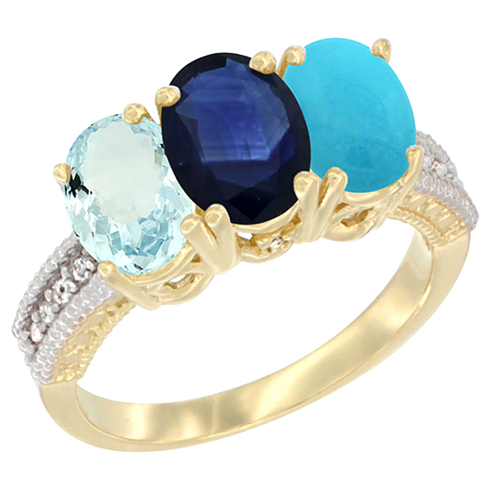 14K Yellow Gold Natural Aquamarine, Blue Sapphire & Turquoise Ring 3-Stone Oval 7x5 mm Diamond Accent, sizes 5 - 10