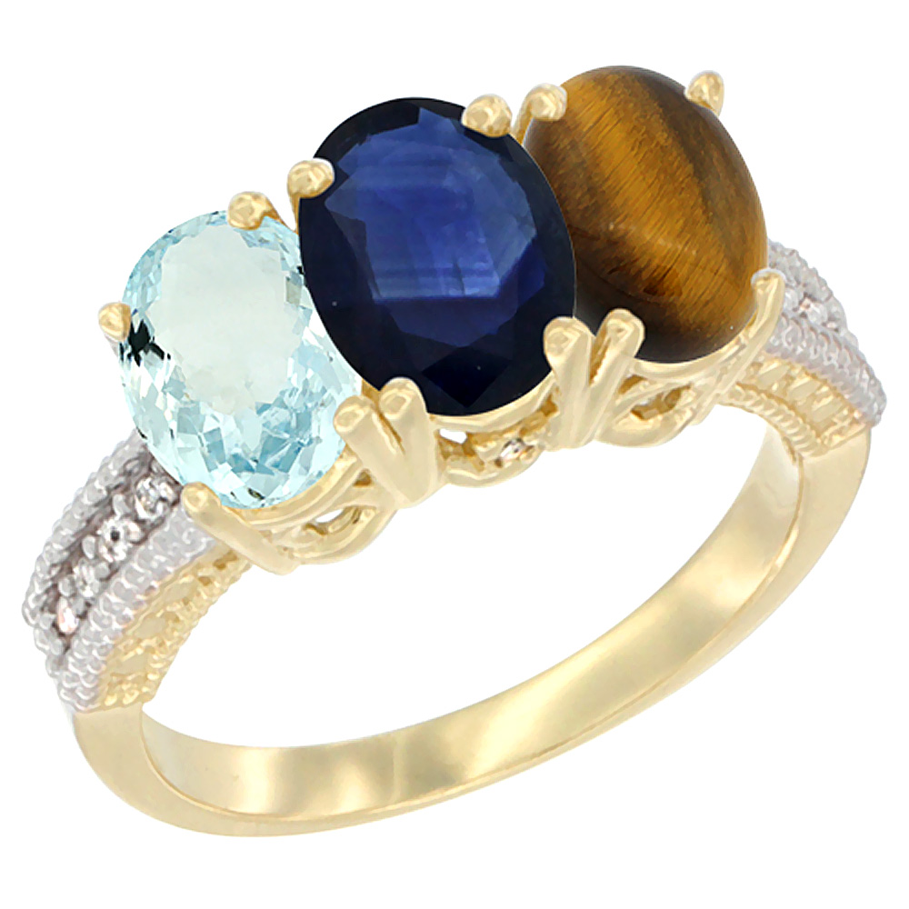 14K Yellow Gold Natural Aquamarine, Blue Sapphire & Tiger Eye Ring 3-Stone Oval 7x5 mm Diamond Accent, sizes 5 - 10