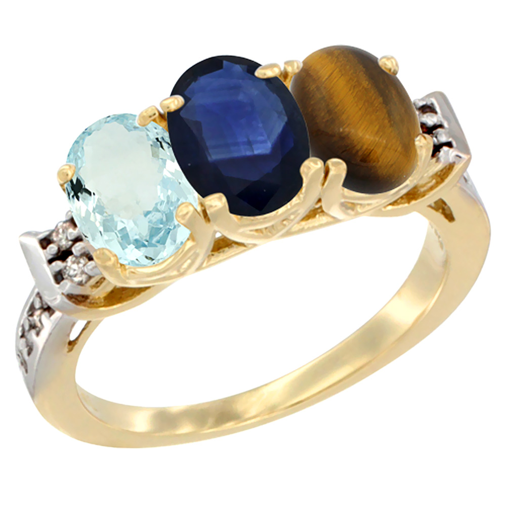 14K Yellow Gold Natural Aquamarine, Blue Sapphire &amp; Tiger Eye Ring 3-Stone Oval 7x5 mm Diamond Accent, sizes 5 - 10