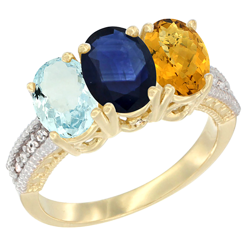 14K Yellow Gold Natural Aquamarine, Blue Sapphire &amp; Whisky Quartz Ring 3-Stone Oval 7x5 mm Diamond Accent, sizes 5 - 10